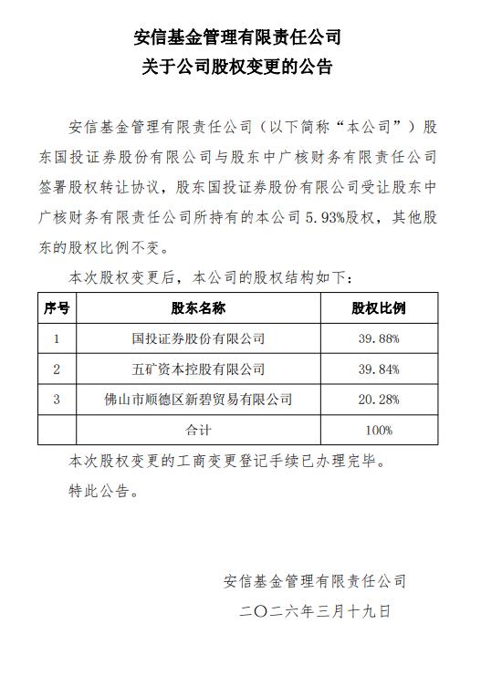  安信基金股权结构优化；国投证券增持成为第一大股东，中广核财务有序退出。 股票财经